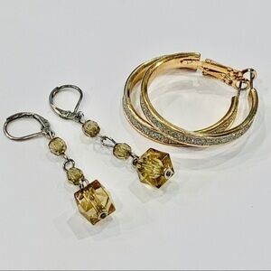 💐5/25 2 pair faceted crystal gold hoop earrings